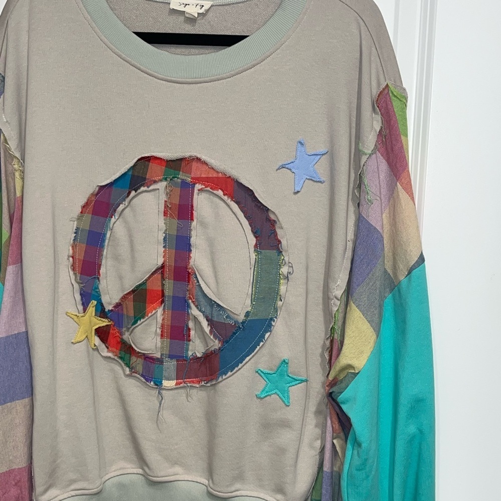 SAGE AND FIG Oversized Sweatshirt Appliqué Patch Women’s Large BohoCore - Picture 5 of 7